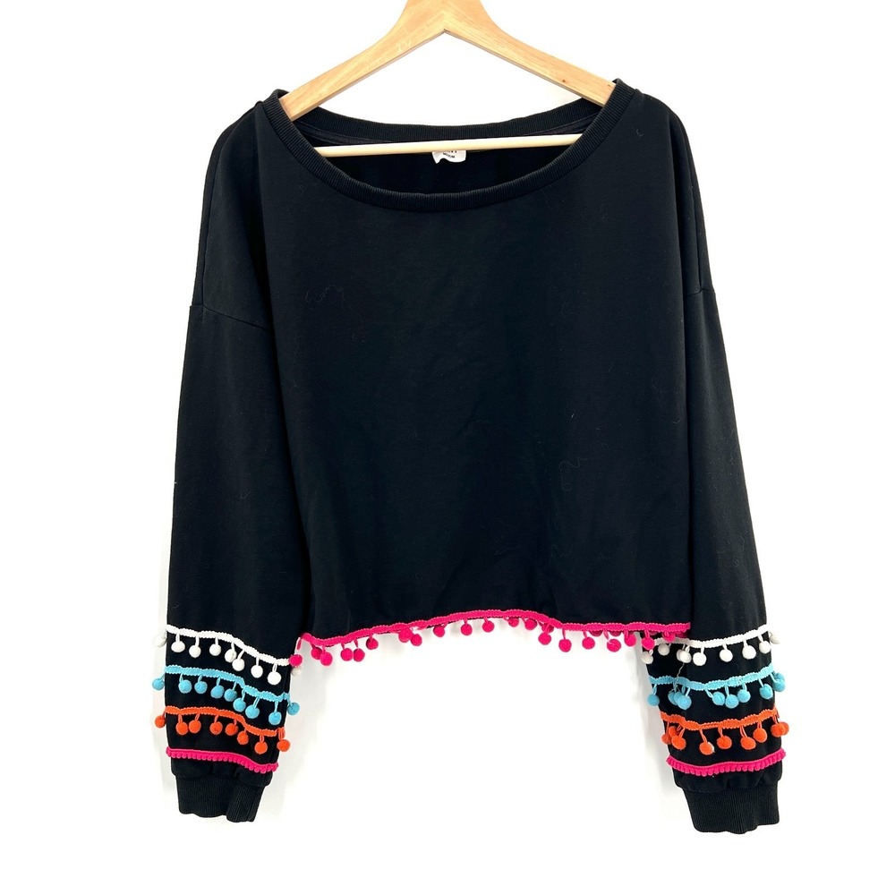 RENVY pullover boatneck colorful pompom top maximalist bright fun funky boho M
